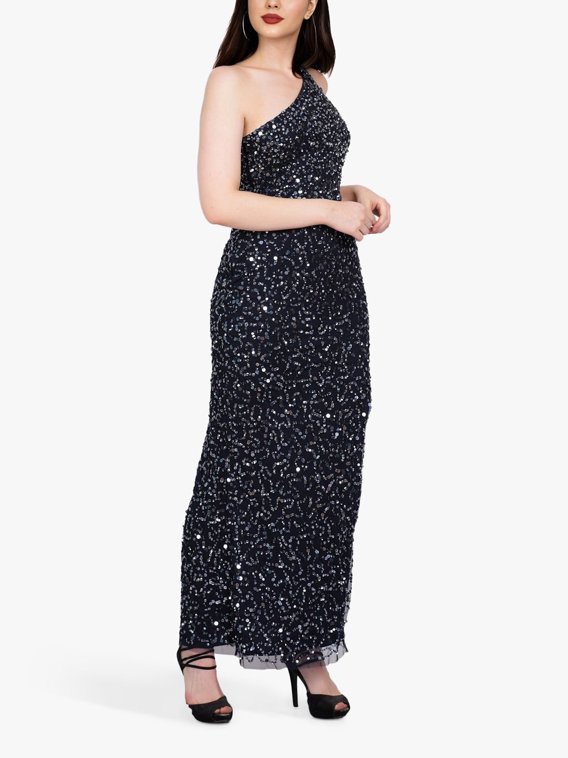 Lace & Beads Naeve Sequin One Shoulder Maxi Dress, Navy, 10