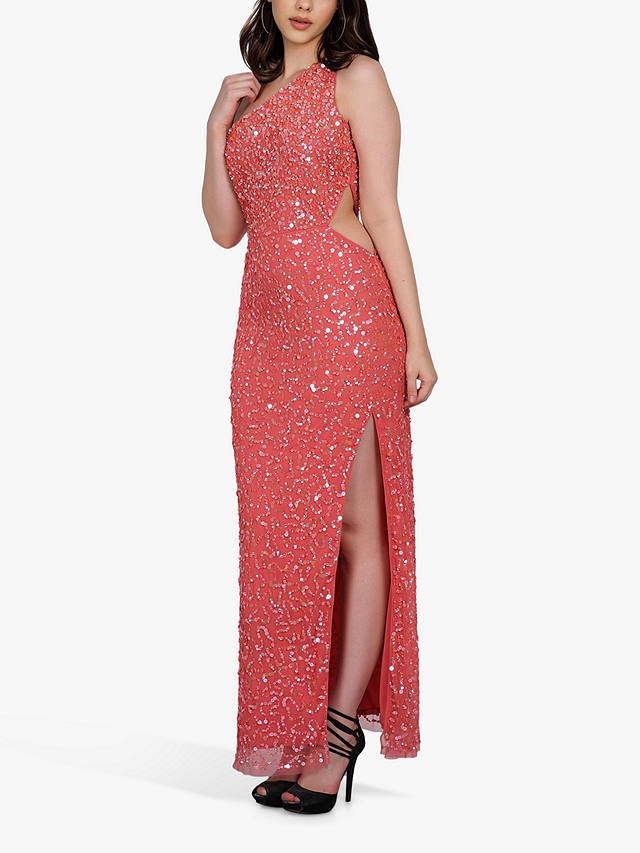 Lace & Beads Naeve Sequin One Shoulder Maxi Dress, Coral 