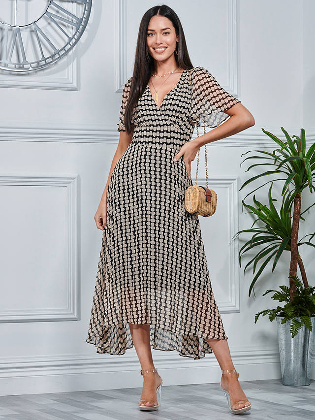 Jolie Moi V-Neck Pleated Chiffon Maxi Dress, Taupe Multi