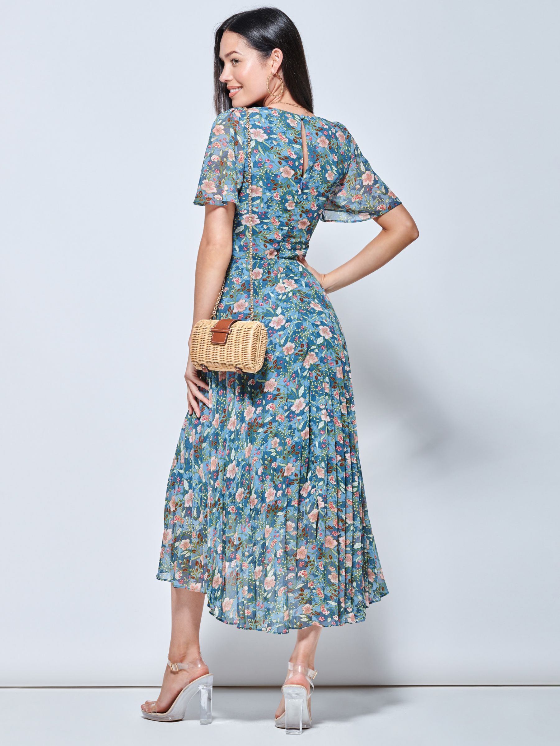Buy Jolie Moi Pleated Chiffon High Low Midi Dress, Teal Floral Online at johnlewis.com