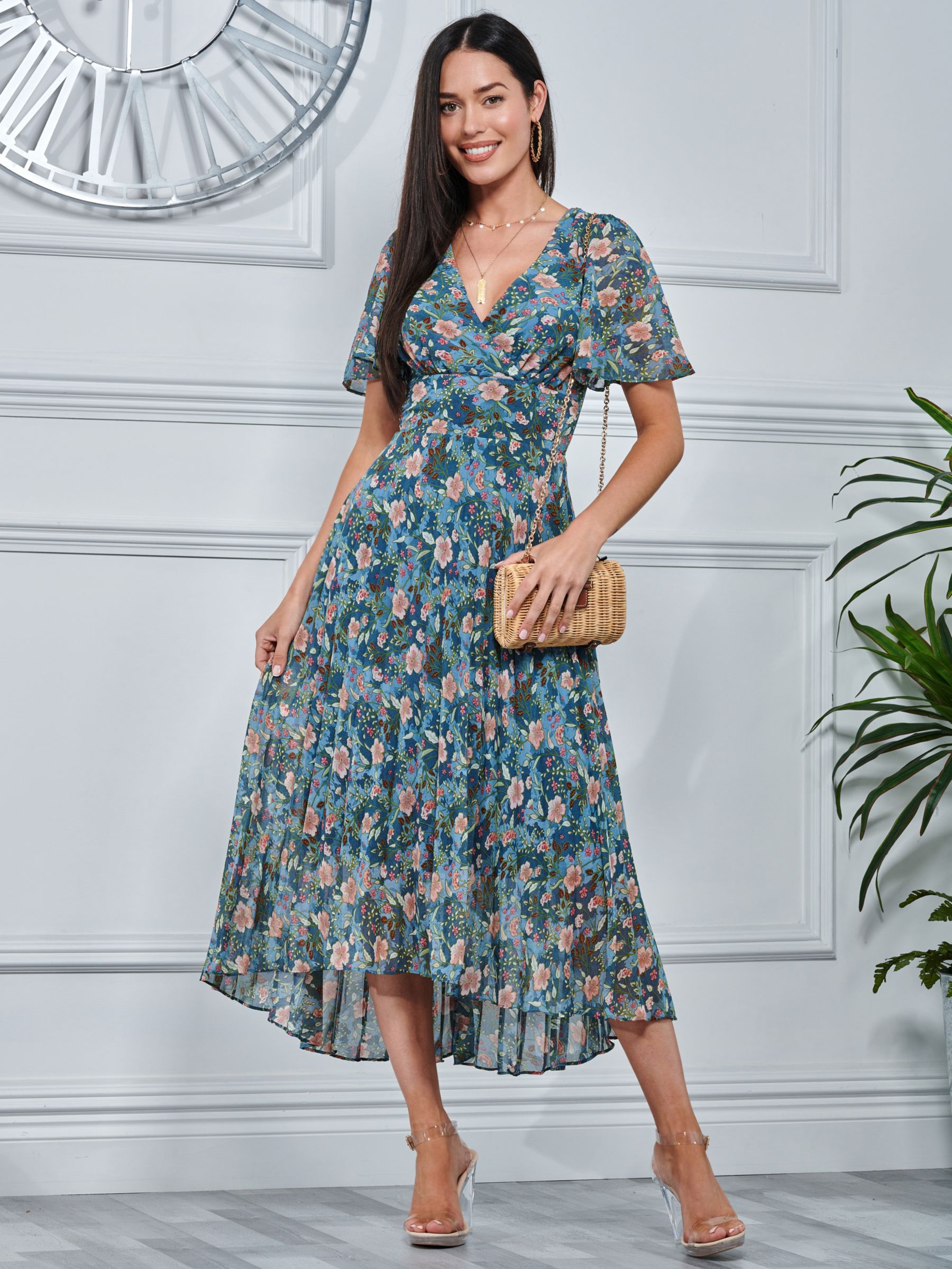 Buy Jolie Moi Pleated Chiffon High Low Midi Dress, Teal Floral Online at johnlewis.com