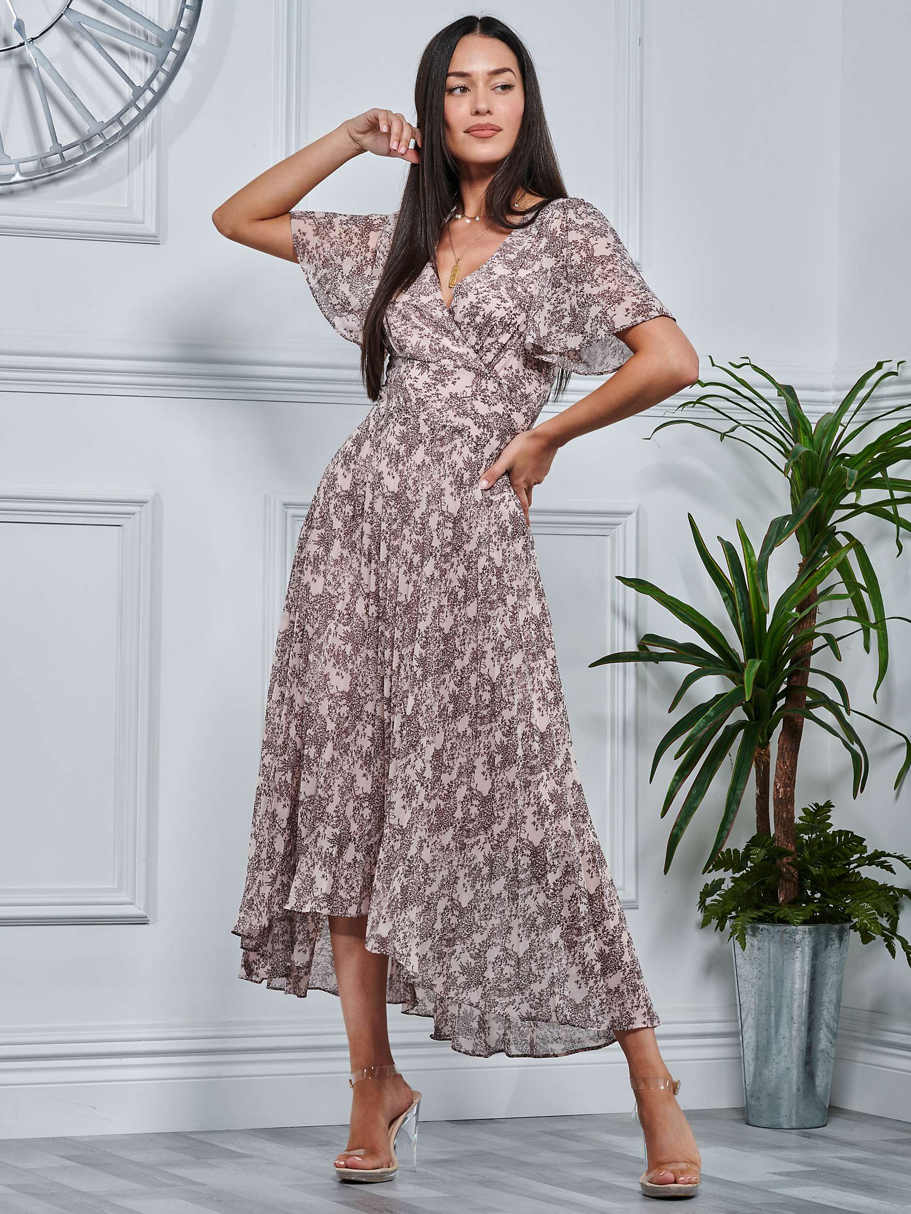 Buy Jolie Moi Chiffon Angel Sleeve Pleated Midi Dress, Pink Multi Online at johnlewis.com