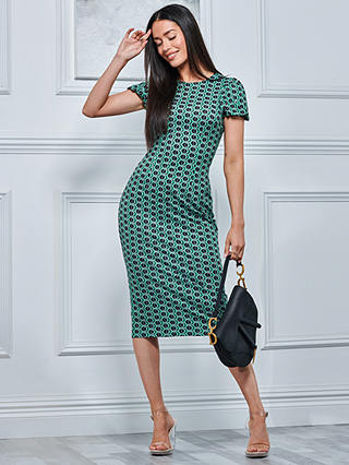 Jolie Moi Short Sleeve Jersey Bodycon Midi Dress, Green Geo