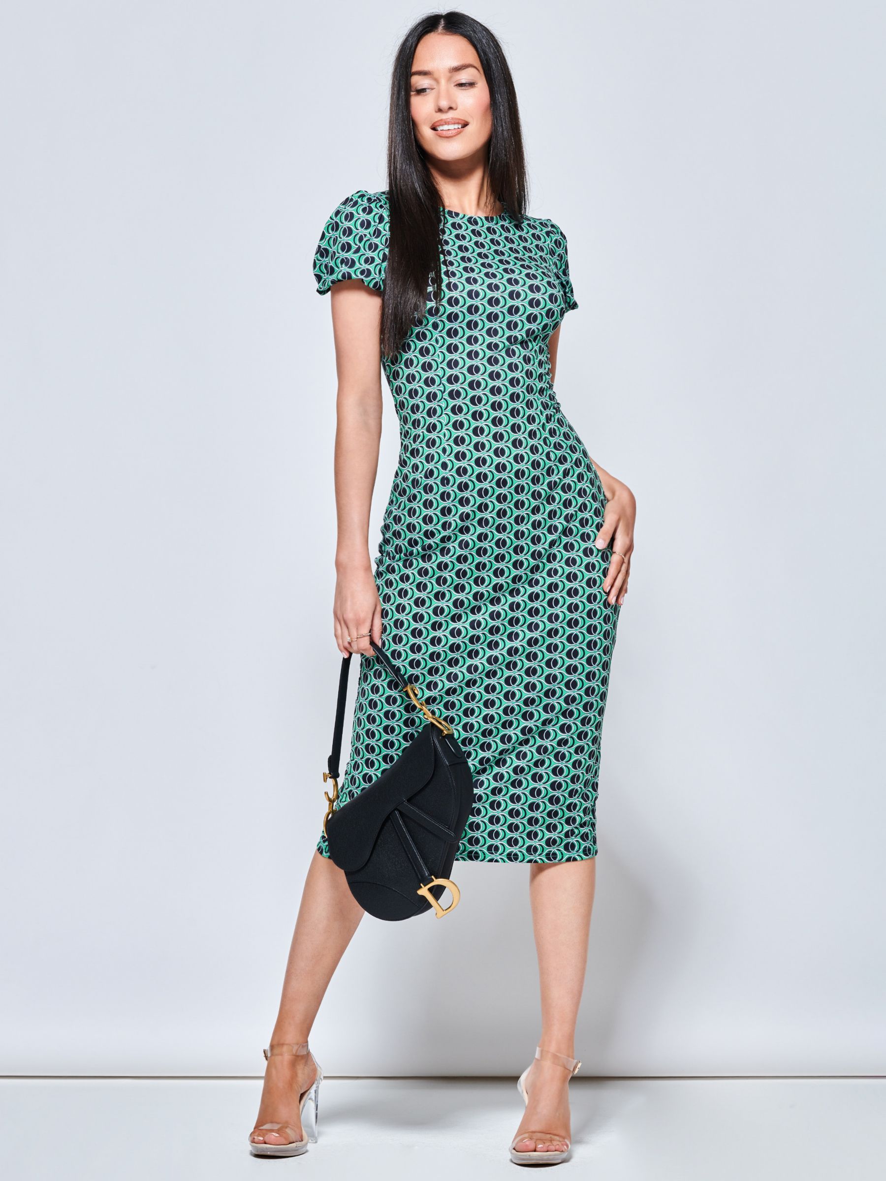 Jolie Moi Short Sleeve Jersey Bodycon Midi Dress, Green Geo, 8