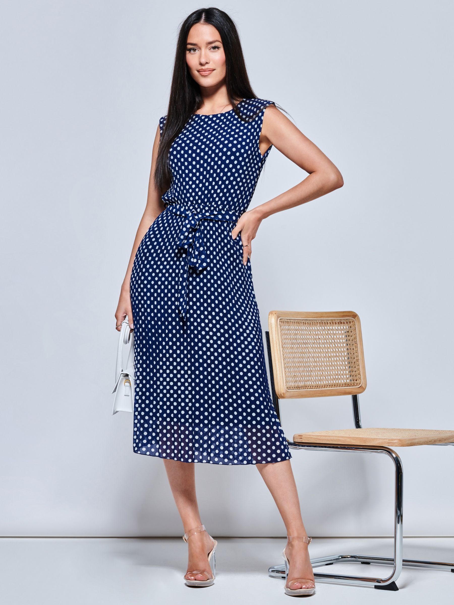 Jolie Moi Hayes Pleated Chiffon Midi Dress, Navy Spot at John Lewis ...