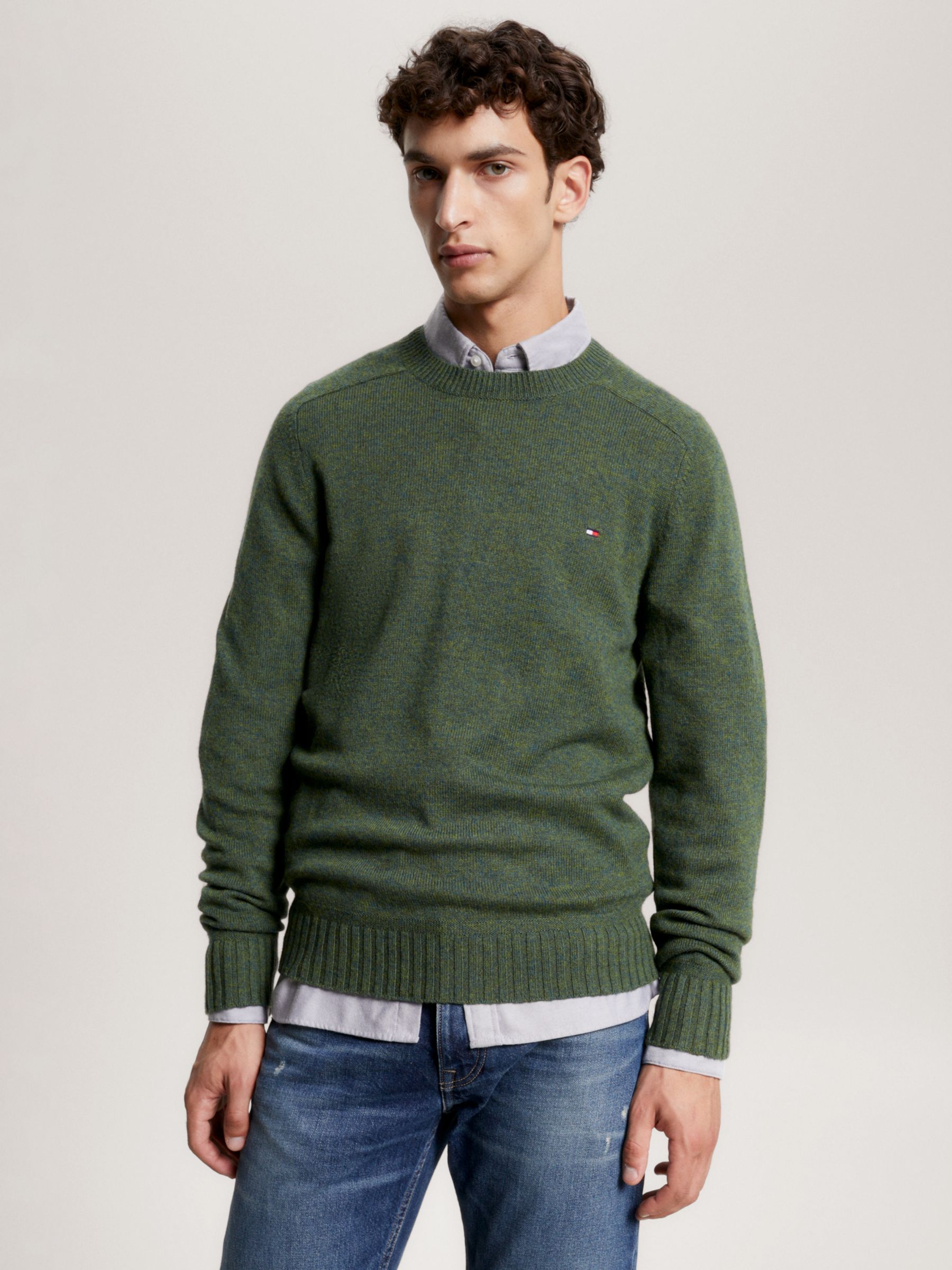 Tommy Hilfiger Merino Wool Crew Neck Jumper, Green at John Lewis & Partners