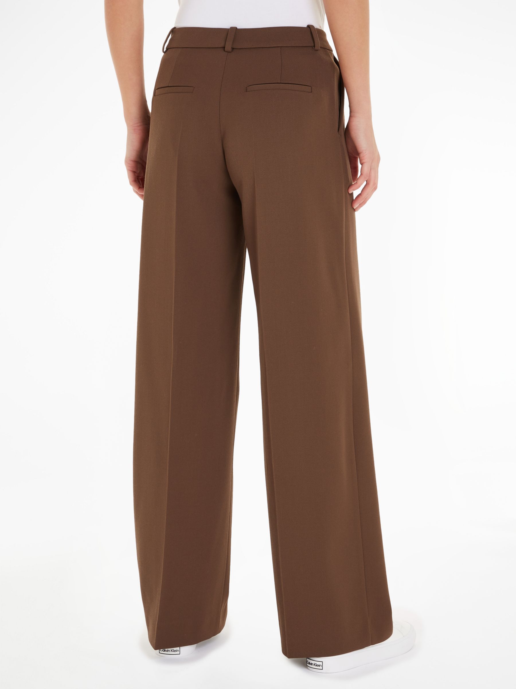 Calvin Klein Wool Twill Wide Leg Trousers, Brown, 8