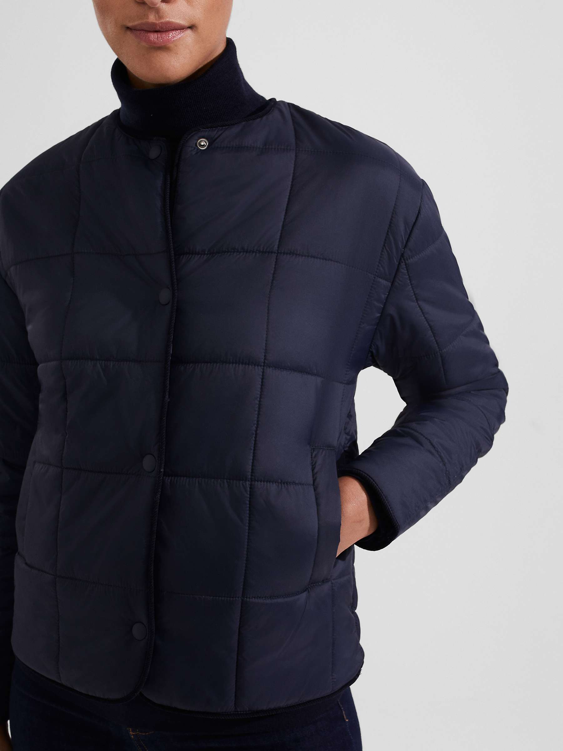 Hobbs Ottilie Collarless Quilted Jacket, Navy at John Lewis & Partners