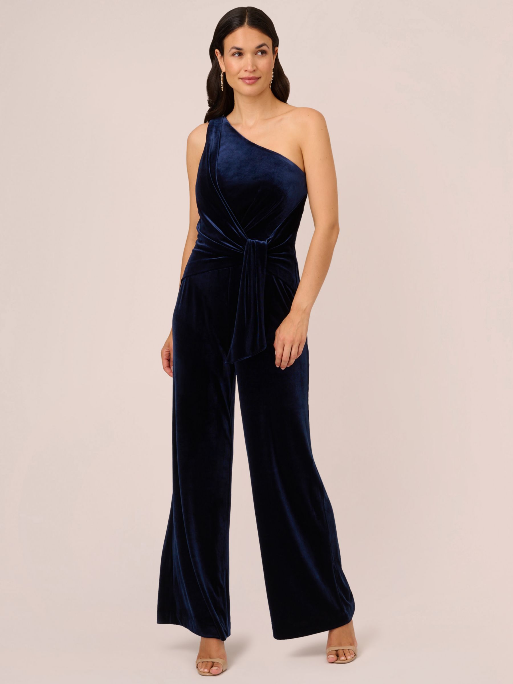 Adrianna Papell Plain Velvet Asymmetric Jumpsuit, Midnight, 10