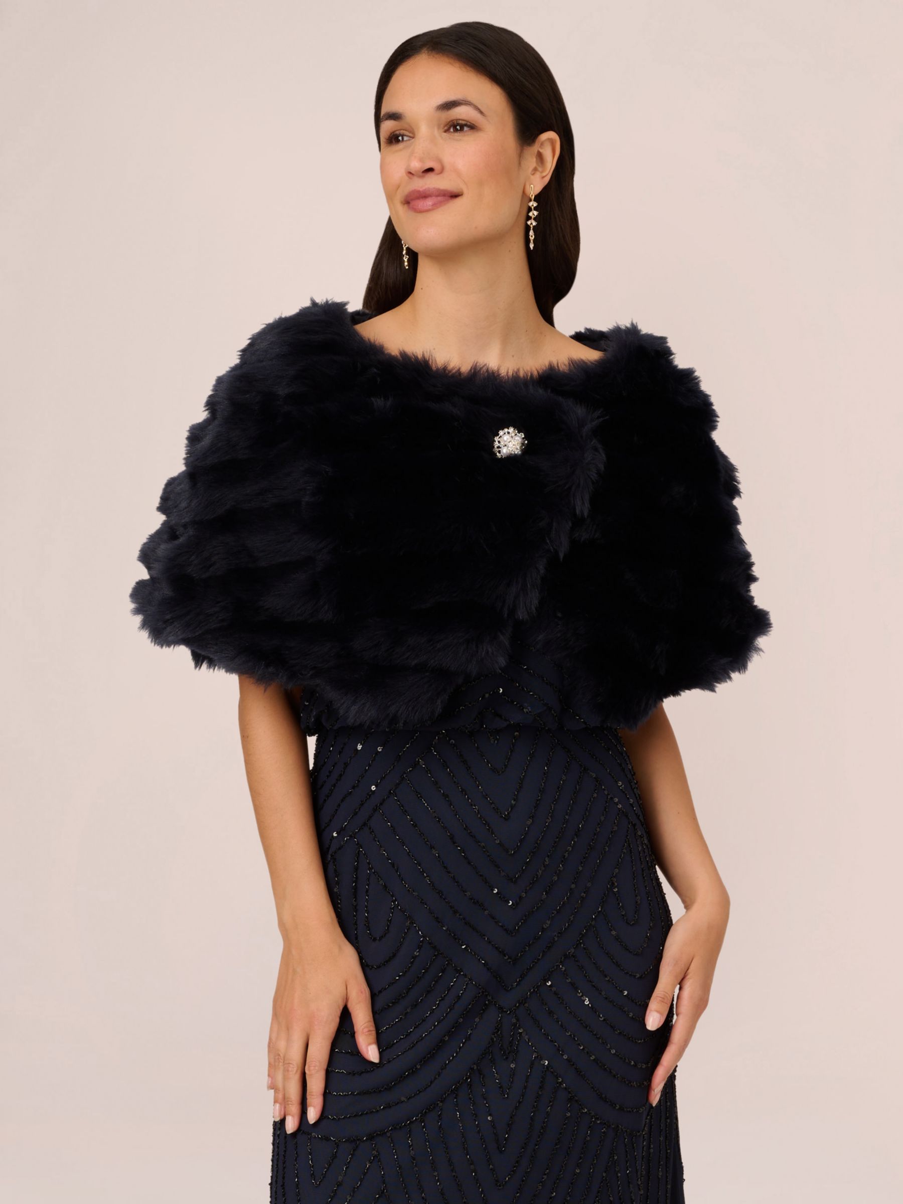 Adrianna Papell Faux Fur Brooch Cover Up Midnight