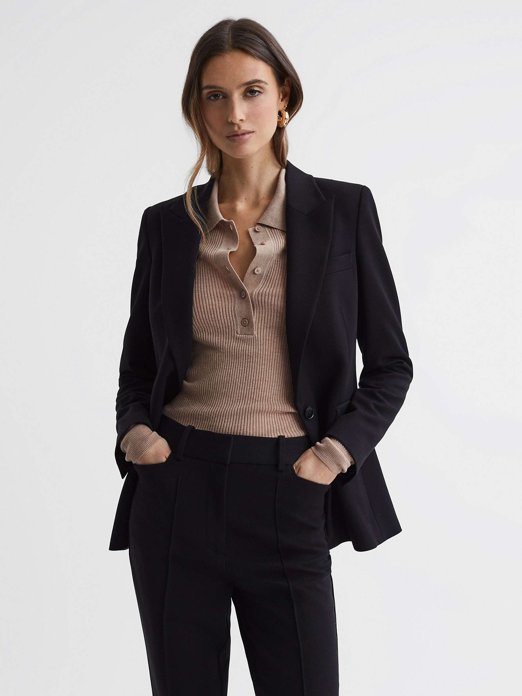 Reiss Sienna Ribbed Wool Blend Polo Top, Camel at John Lewis & Partners
