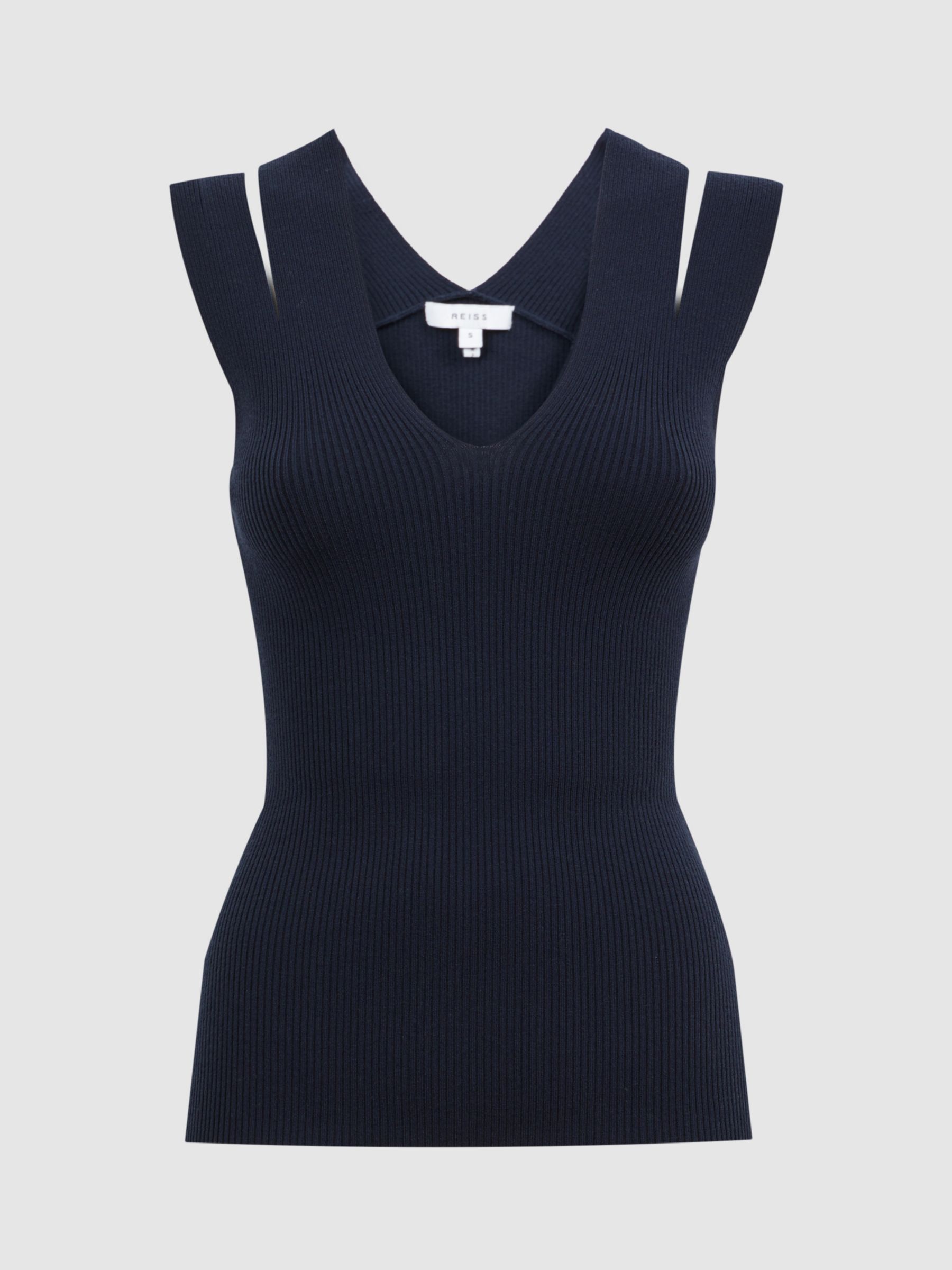 Reiss Nina Double Strap Rib Knit Vest Top, Navy, XS