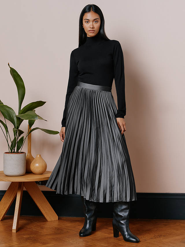 Albaray Satin Pleated Midi Skirt, Grey
