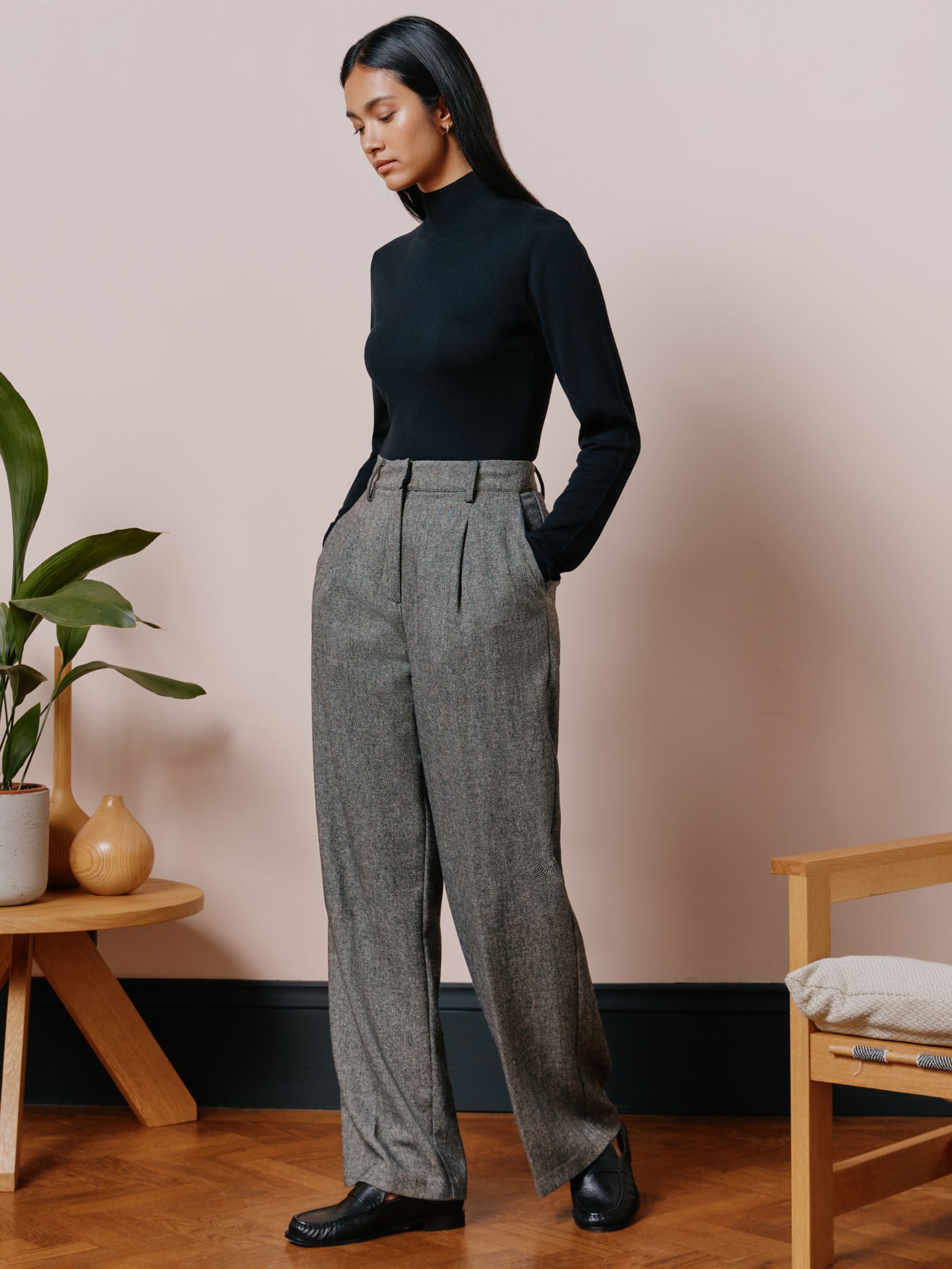 Albaray Wide-Leg Wool Blend Tailored Trousers, Grey at John Lewis