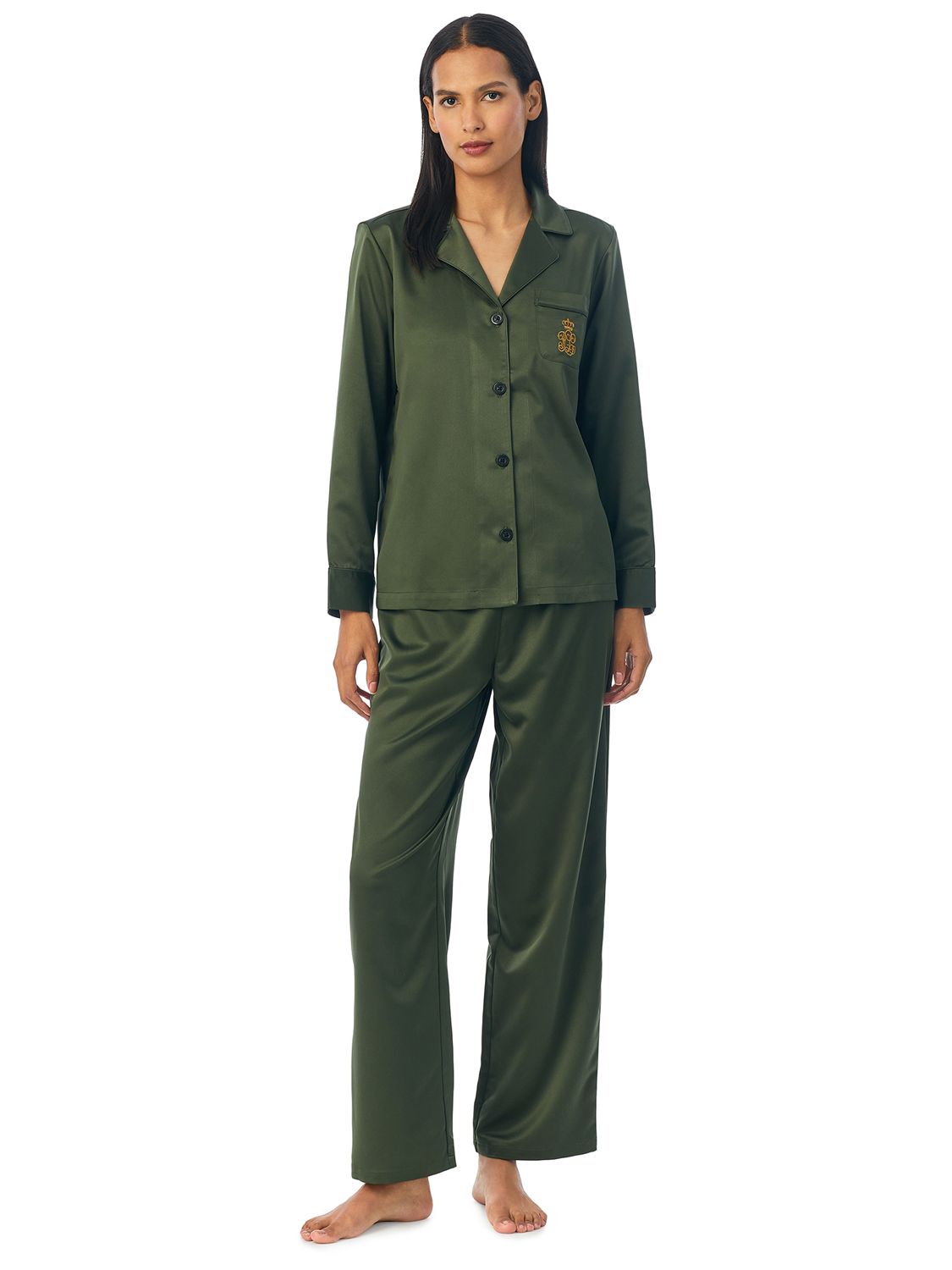 Lauren Ralph Lauren Solid Satin Long Sleeve Pyjama Set, Green at