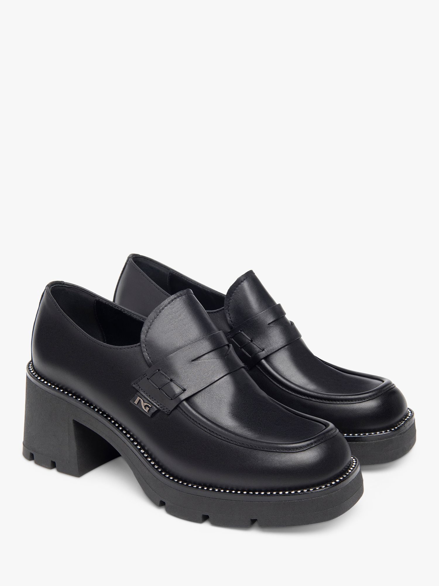 NeroGiardini Chunky Heel Leather Loafers, Black at John Lewis & Partners