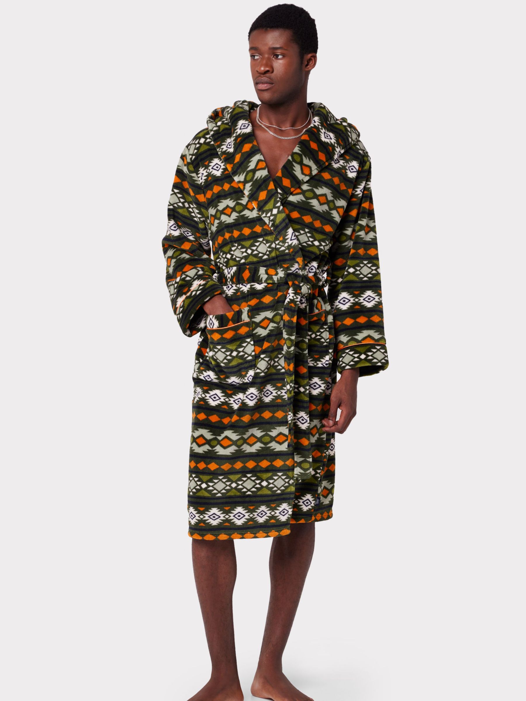 Chelsea Peers Aztec Print Hooded Fleece Dressing Gown, Multi, S