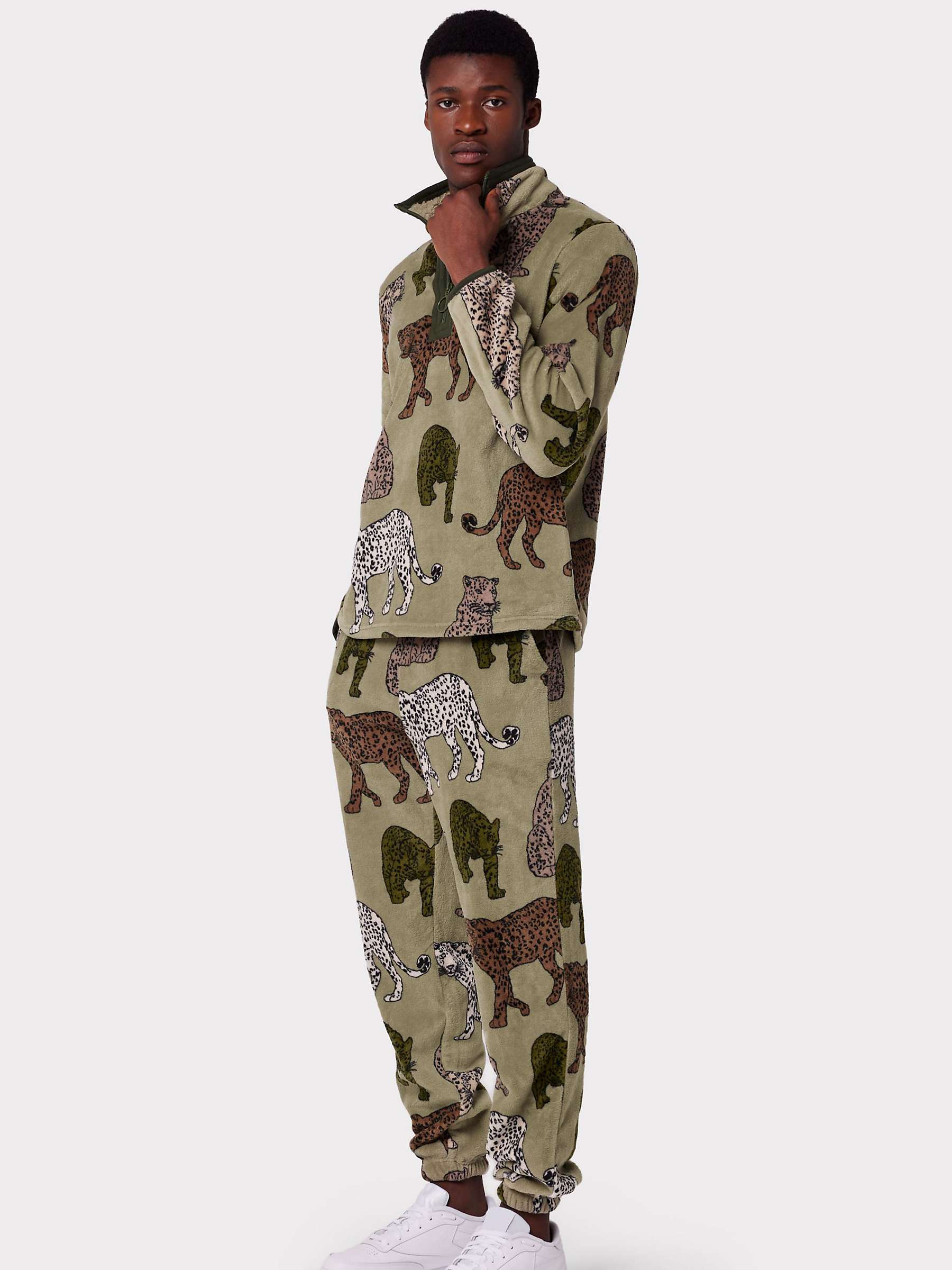 Chelsea Peers Leopard Print Fleece Co-Ord Lounge Set, Khaki/Multi
