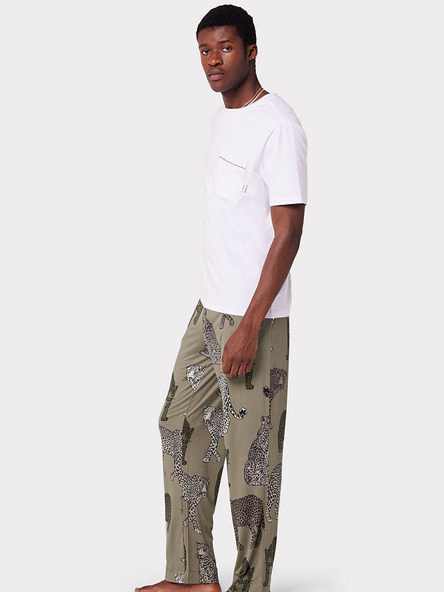 Chelsea Peers Leopard Print Organic Cotton Long Pyjama Set, Khaki/Multi ...
