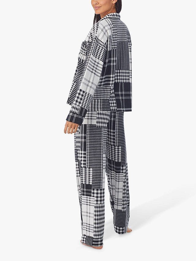 DKNY Stretch Fleece Long Sleeve Notch Collar Patchwork Print Pyjamas, Black