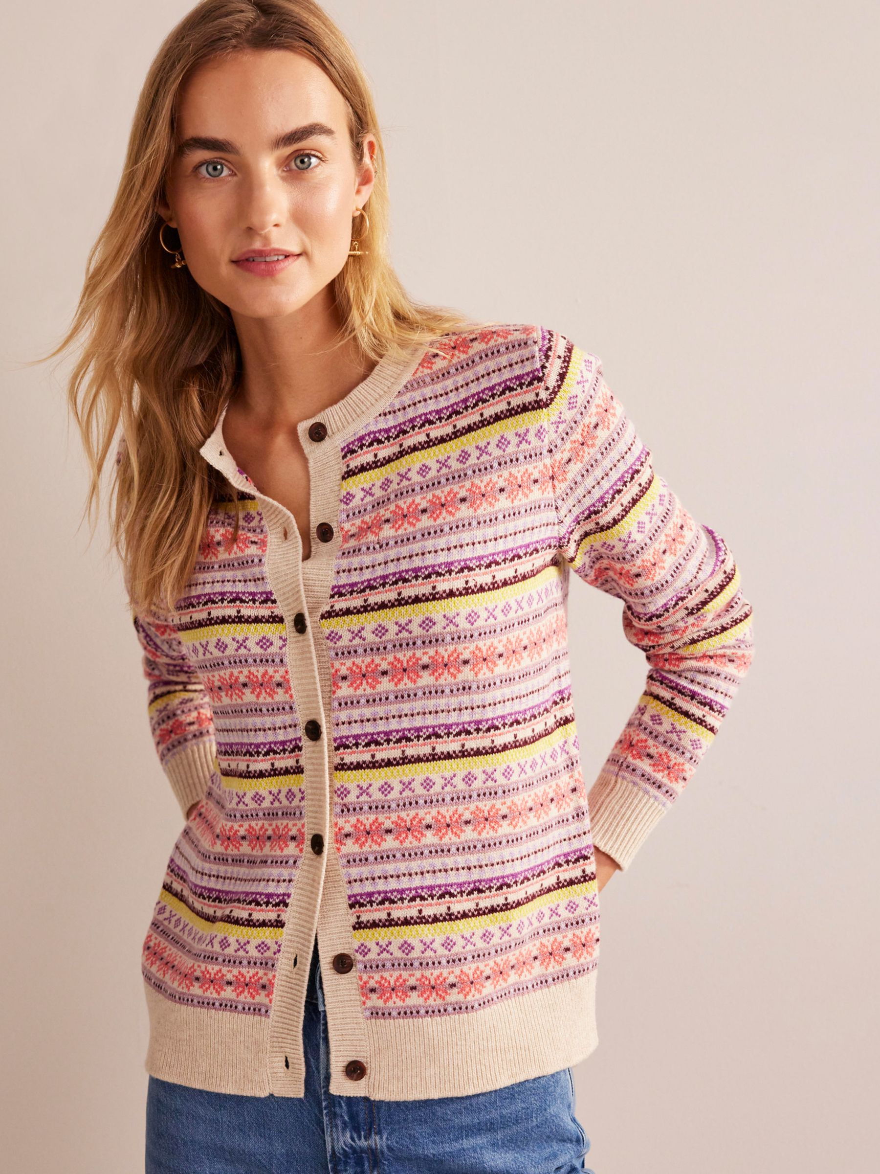 Boden Edie Fair Isle Wool Cotton Blend Jumper, Pink/Multi, XS