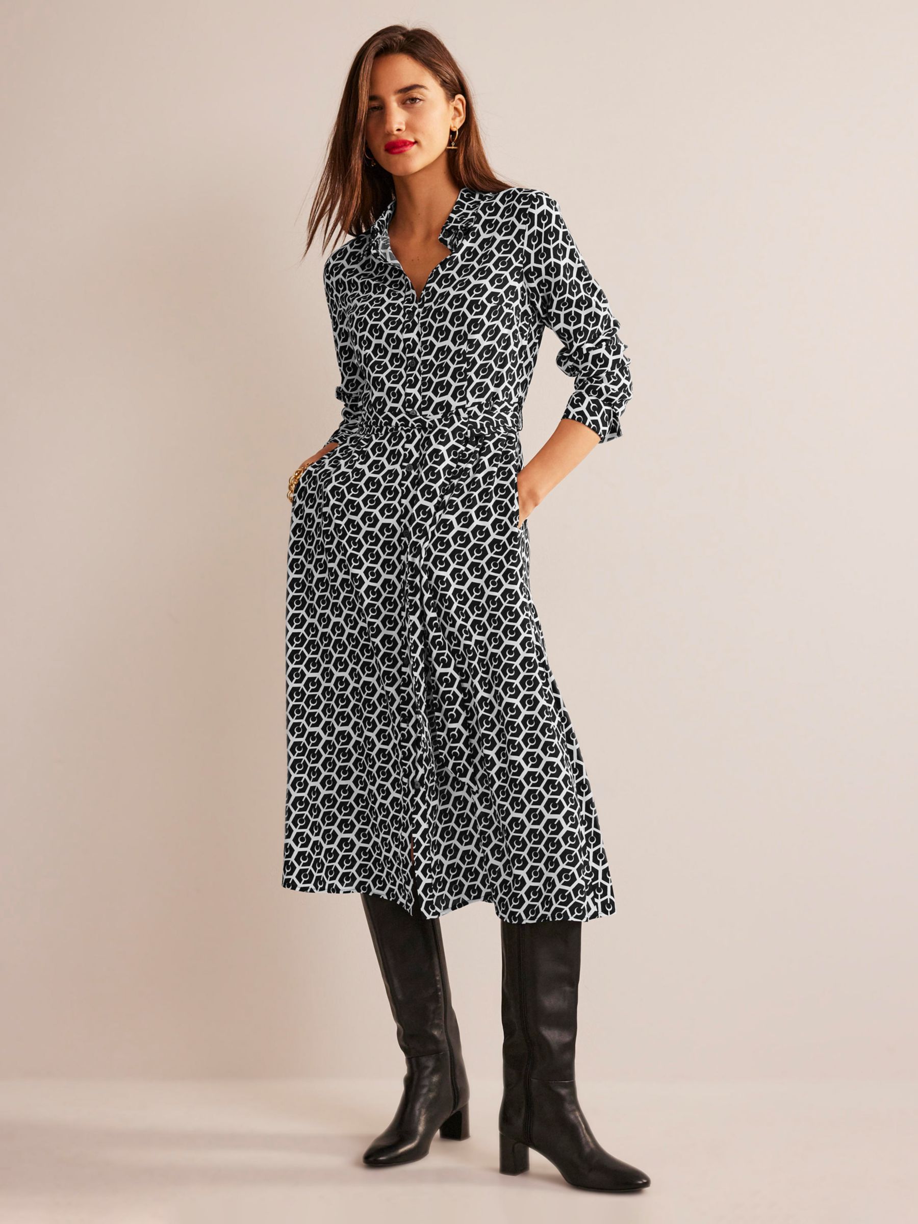 Boden Kate Geomatric Midi Shirt Dress, Black, Reverie at John Lewis ...