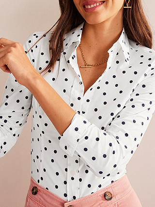 Boden Saskia Stretch Cotton Spaced Dot Shirt, Ivory/Navy
