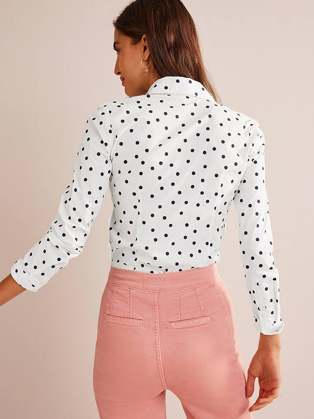 Boden Saskia Stretch Cotton Spaced Dot Shirt, Ivory/Navy