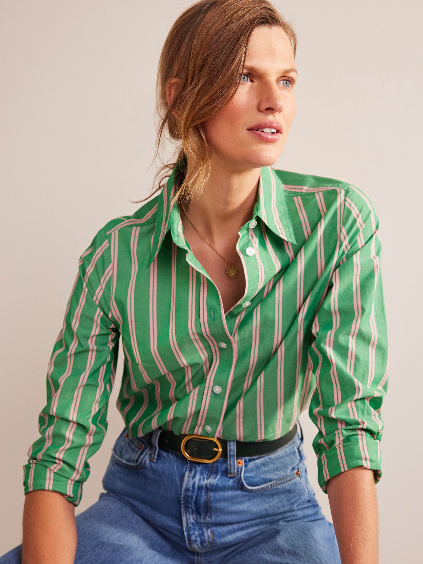 Boden Sienna Stripe Shirt, Green/Pink at John Lewis & Partners