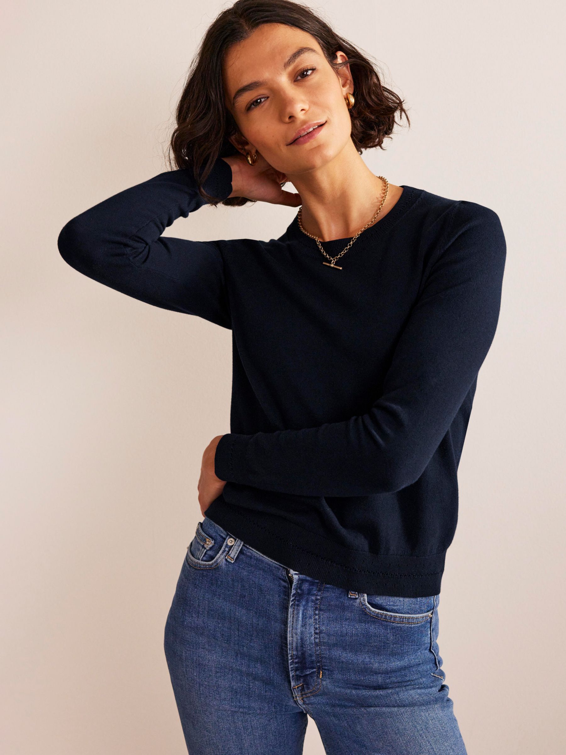 Boden Catriona Cotton Crew Neck Jumper, Navy at John Lewis & Partners
