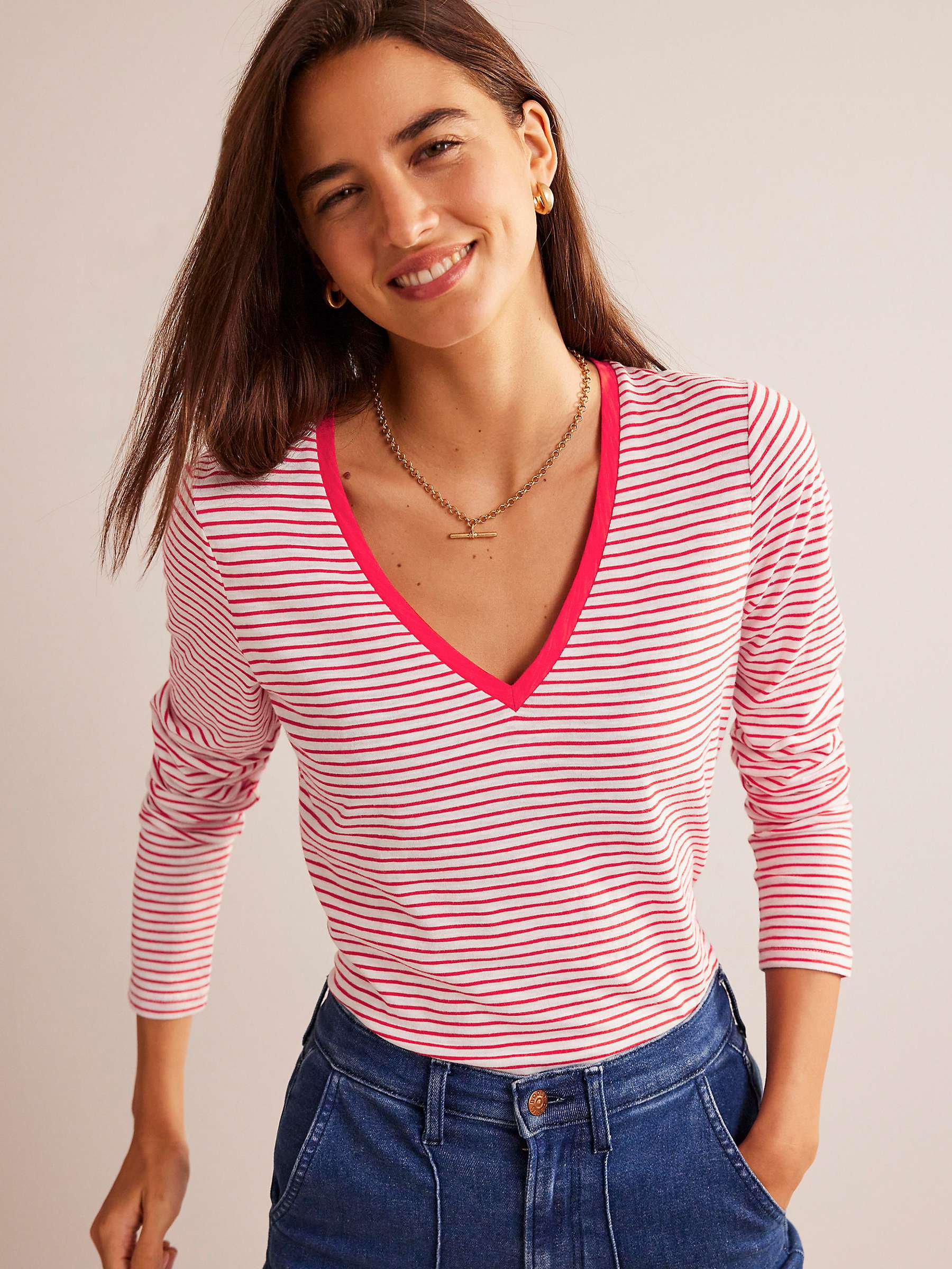 Boden Long Sleeve Stripe Cotton T-Shirt, Red/Ivory at John Lewis & Partners