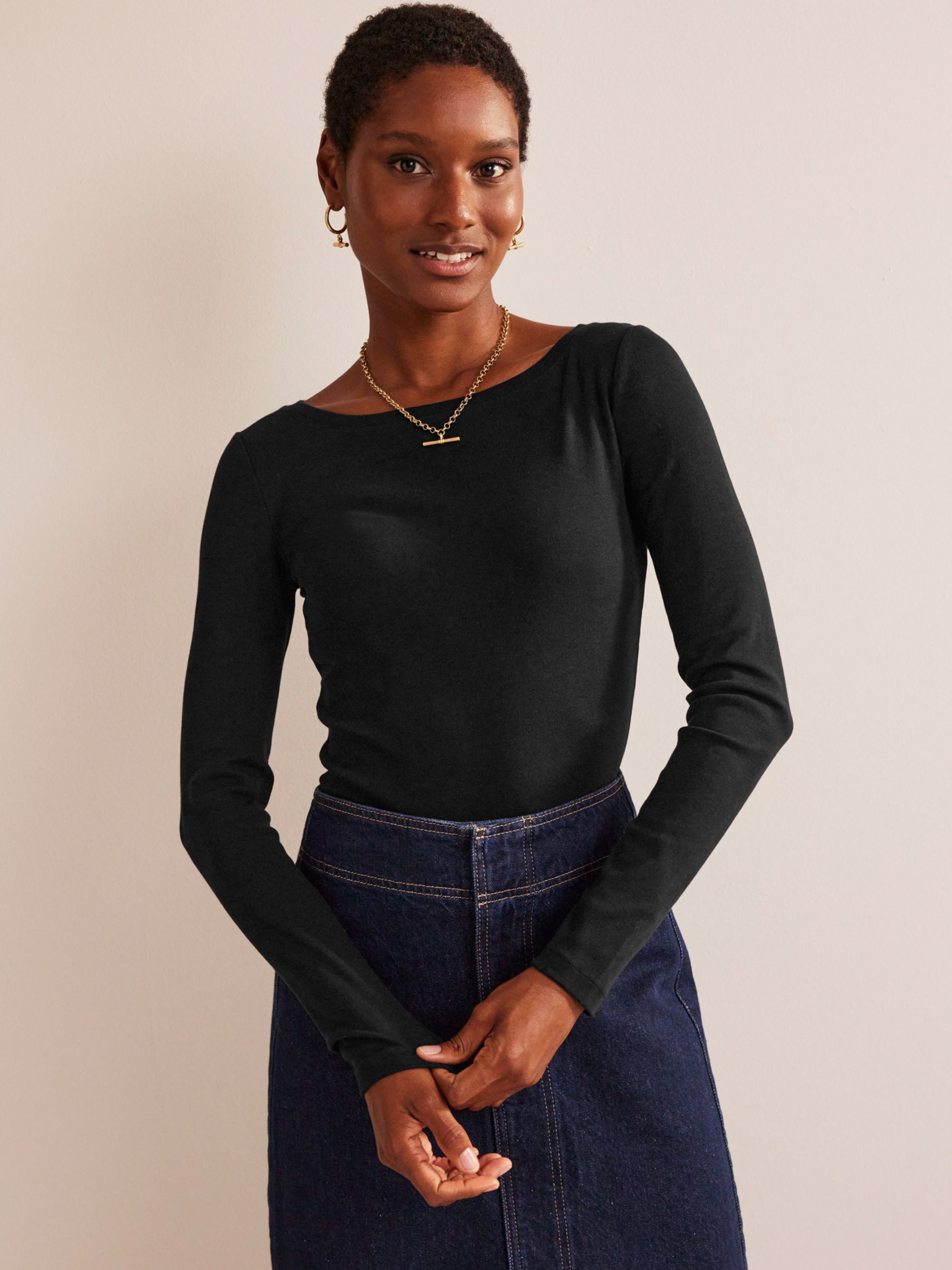 Boden Essential Boat-Neck Jersey Top, Black at John Lewis & Partners