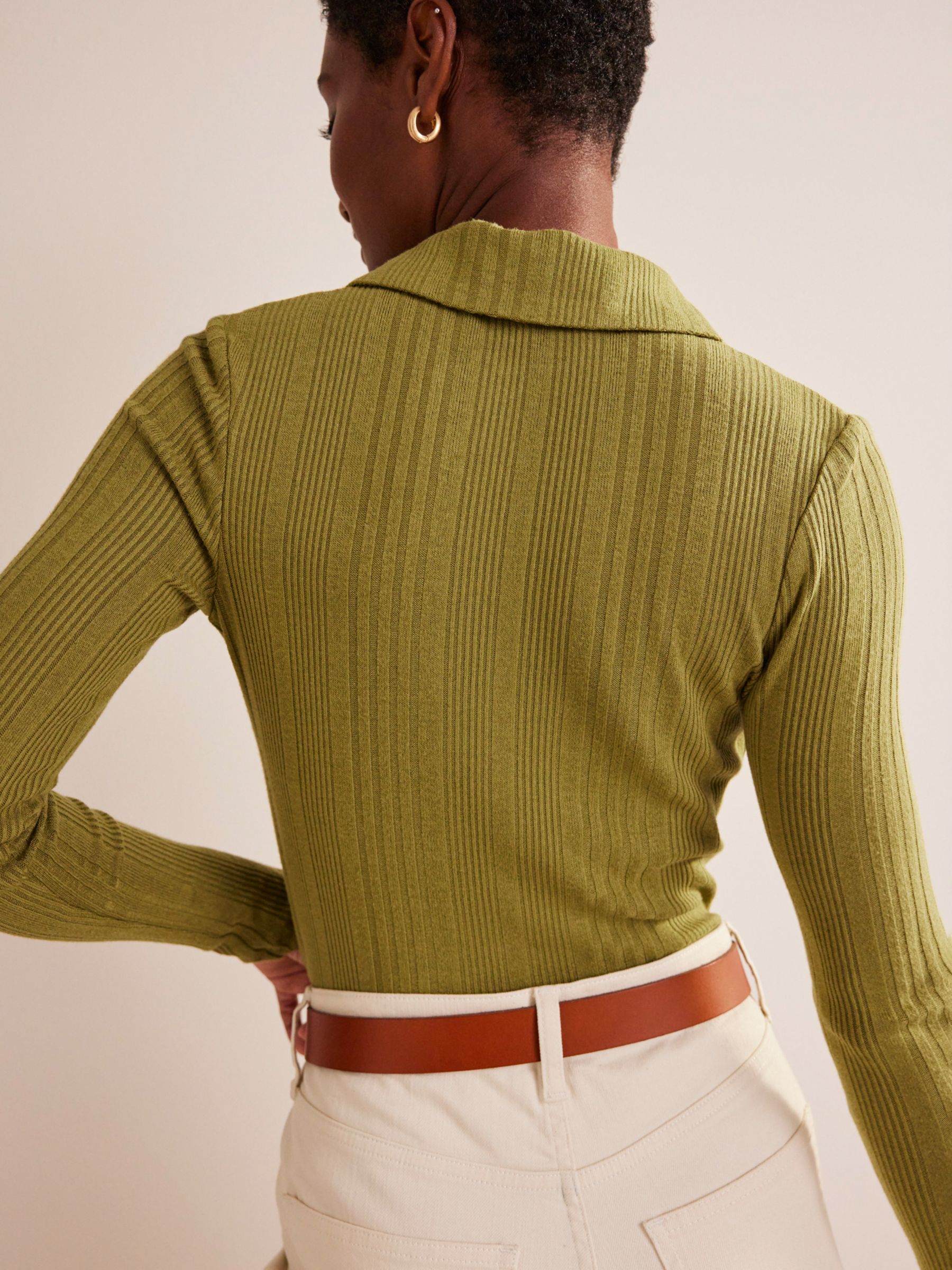 Boden Charlotte Ribbed Knit Jersey Shirt, Green Olive