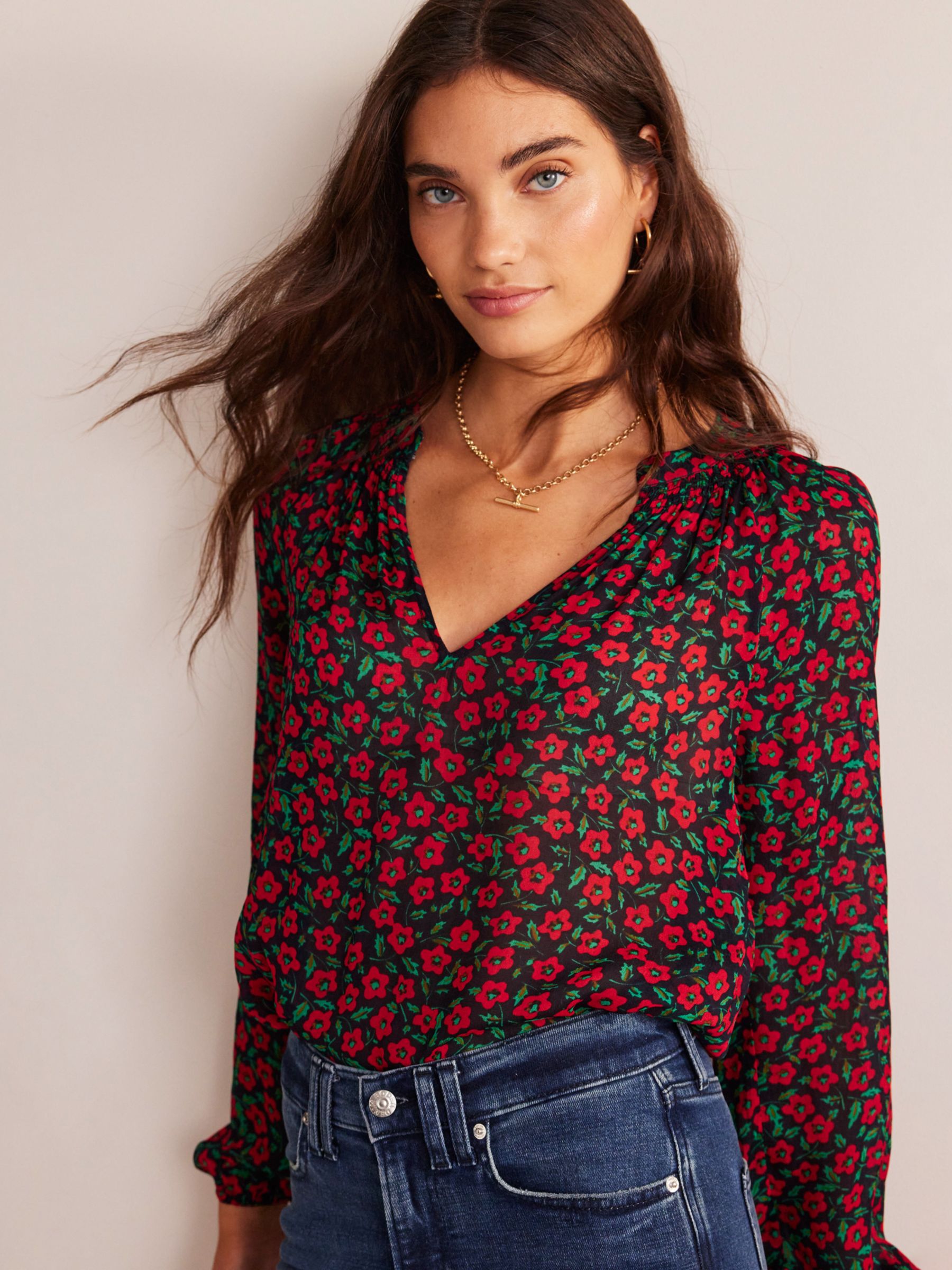 Boden Grace Petal Pop Blouse, Hot Pepper/Multi at John Lewis & Partners