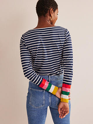 Boden Ava Long Sleeve Cotton Stripe Top, Navy/Multi Cuff
