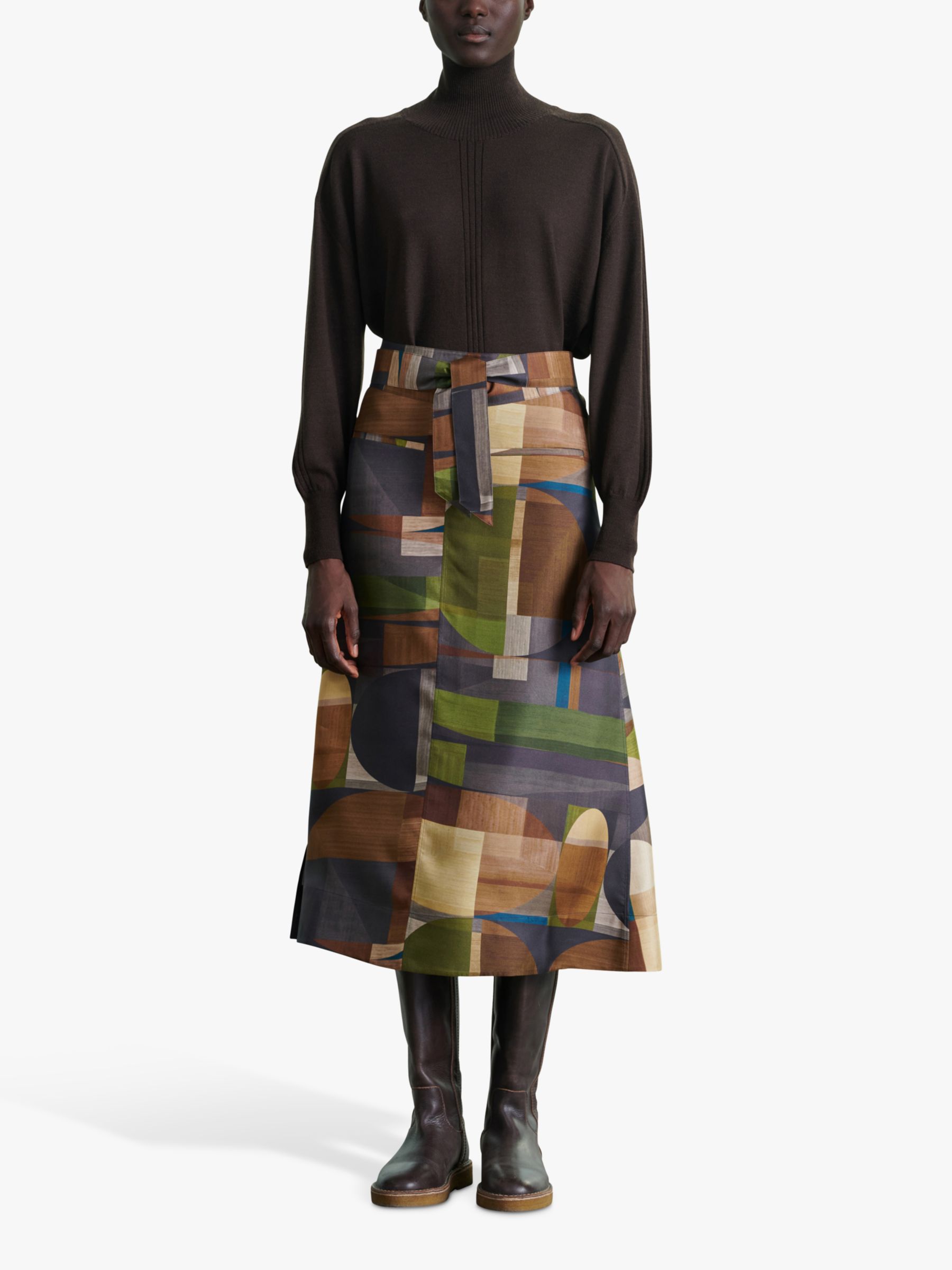 SOEUR Versailles Silk Abstract Print Midi Skirt, Multi