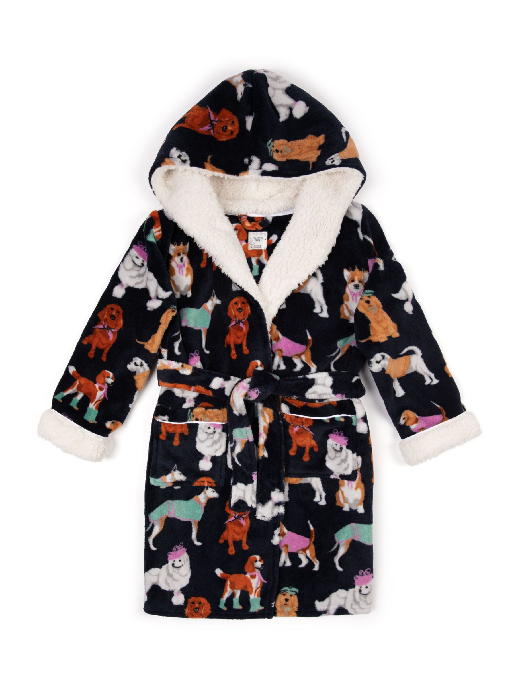 Chelsea Peers Kids' Fleece Dogs Print Hooded Dressing Gown, Navy/Multi, 1-2 years