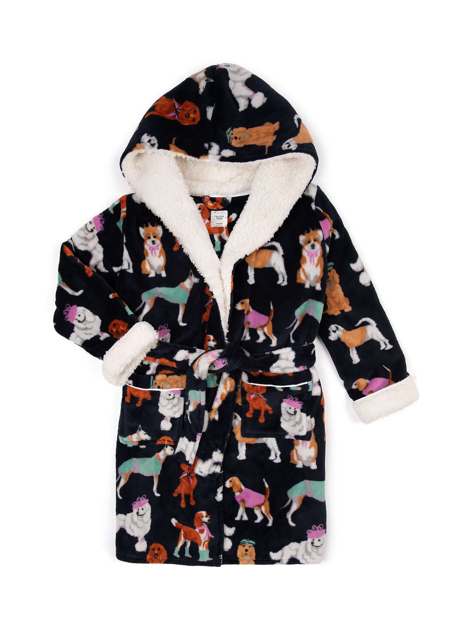 Buy Chelsea Peers Kids' Fleece Dogs Print Hooded Dressing Gown, Navy/Multi Online at johnlewis.com