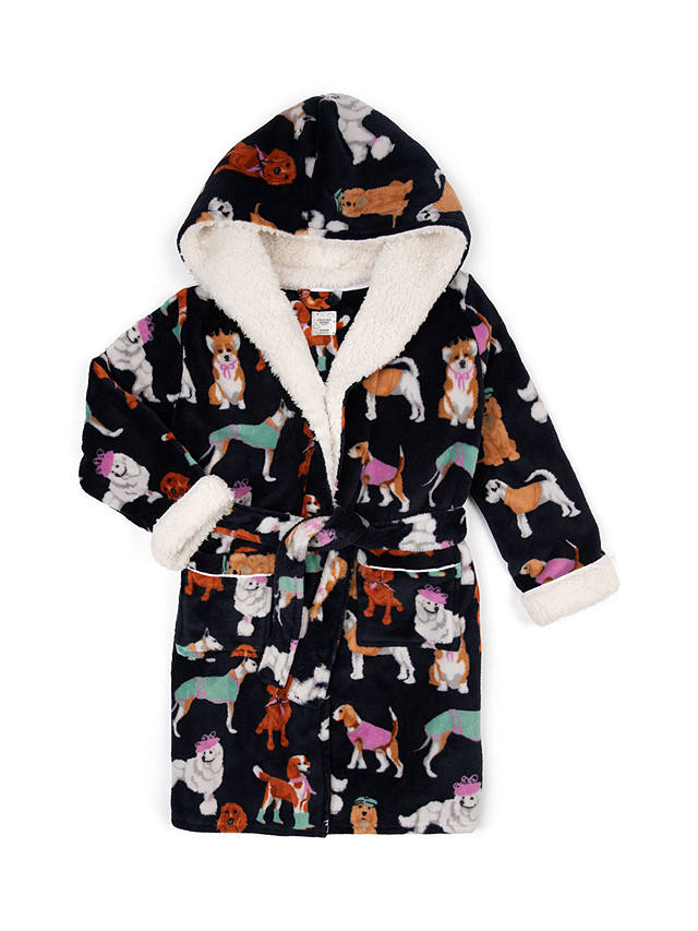 Chelsea Peers Kids' Fleece Dogs Print Hooded Dressing Gown, Navy/Multi