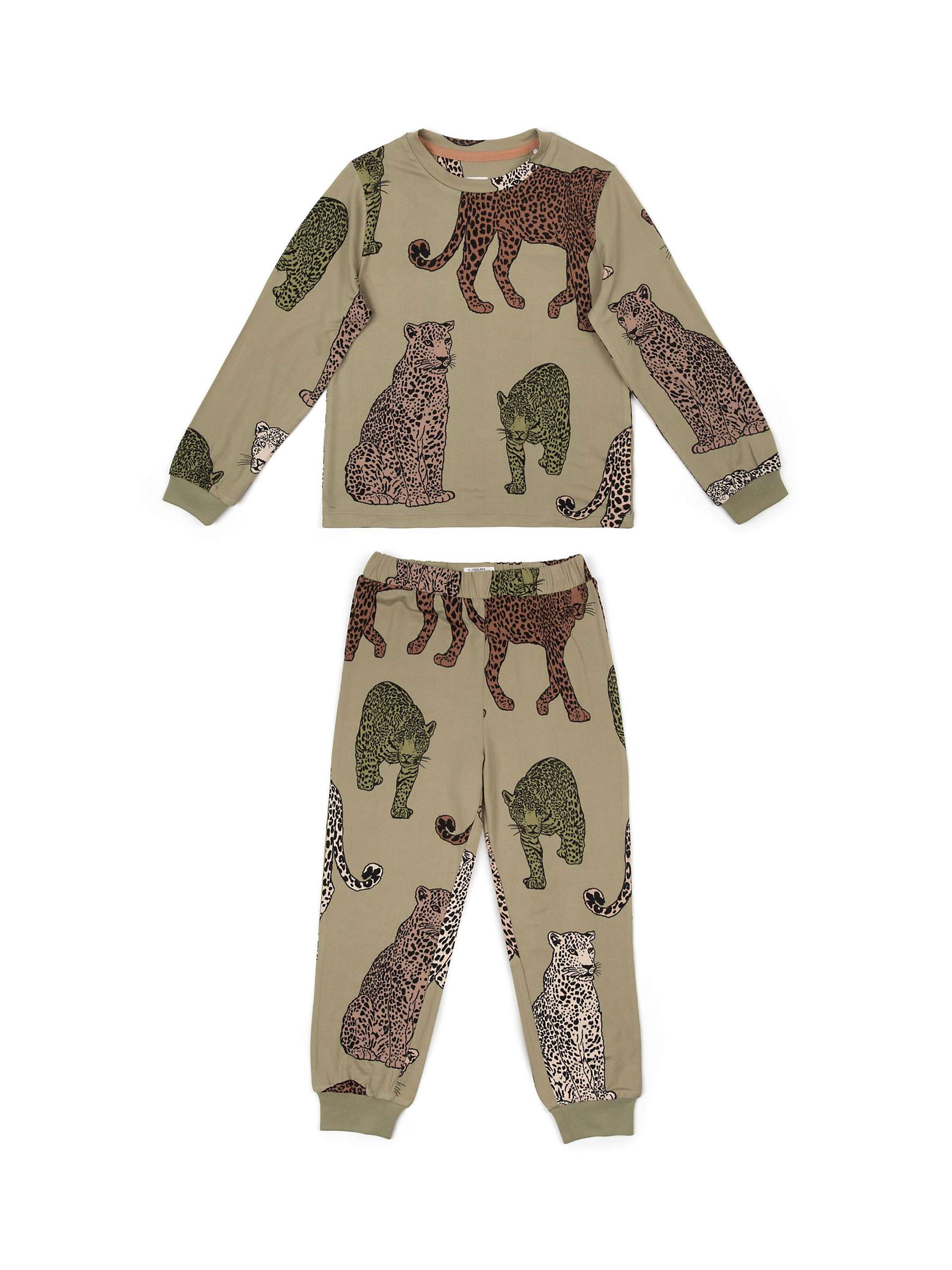 Chelsea Peers Kids' Recycled Fibre Leopard Print Pyjamas, Khaki/Multi ...