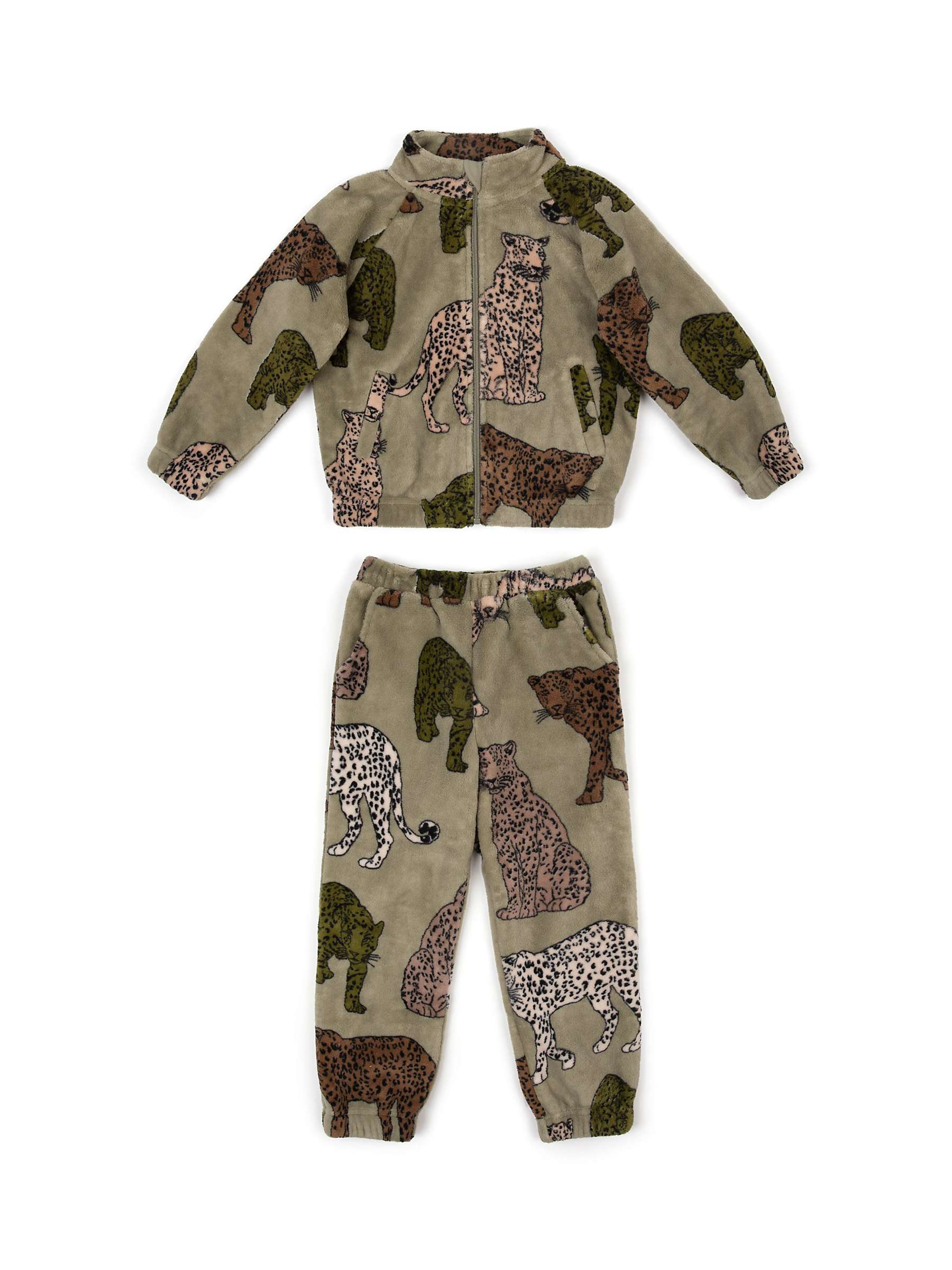 Chelsea Peers Kids' Fleece Leopard Print Co-Ord Set, Khaki at John ...