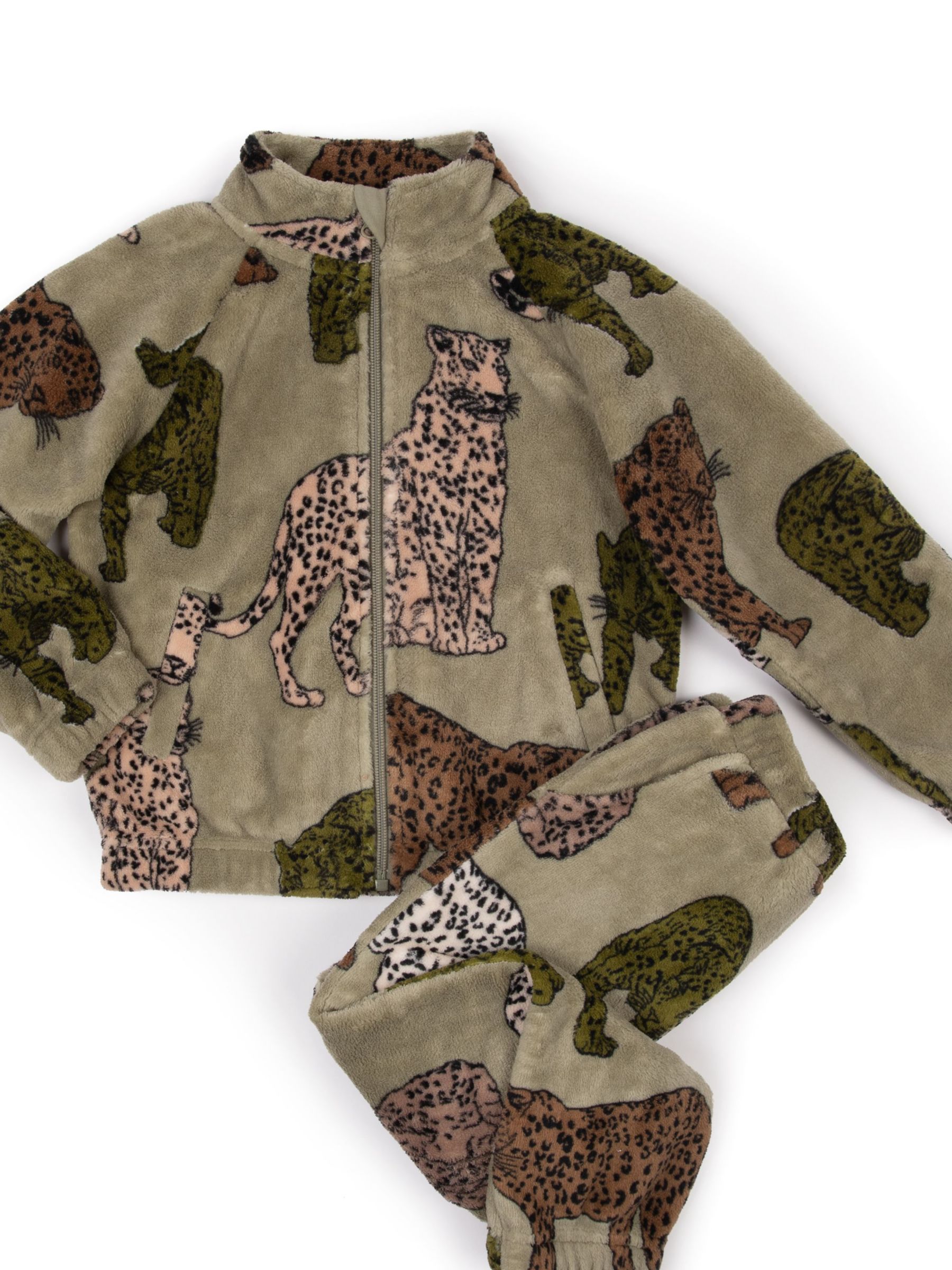 Chelsea Peers Leopard Print Fleece Co-Ord Lounge Set, Khaki/Multi