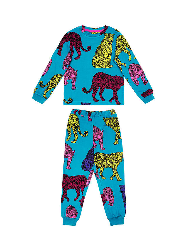 Chelsea Peers Kids' Recycled Fibre Leopard Print Pyjamas, Teal/Multi at ...