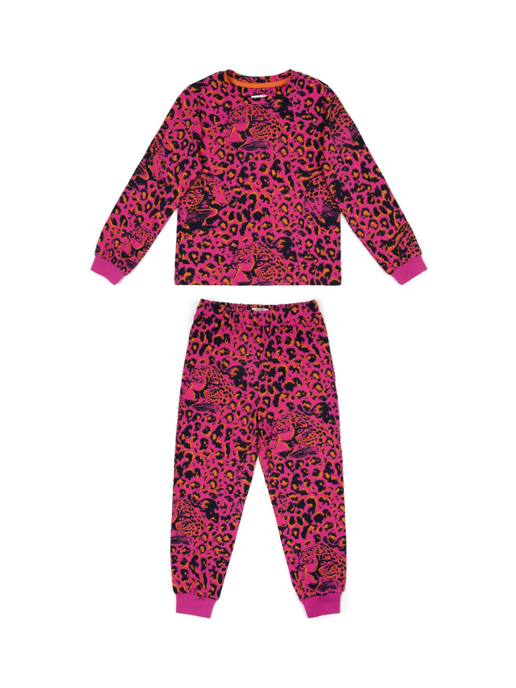 Chelsea Peers Kids' Hidden Leopard Print Long Pyjama Set, Bright Pink ...