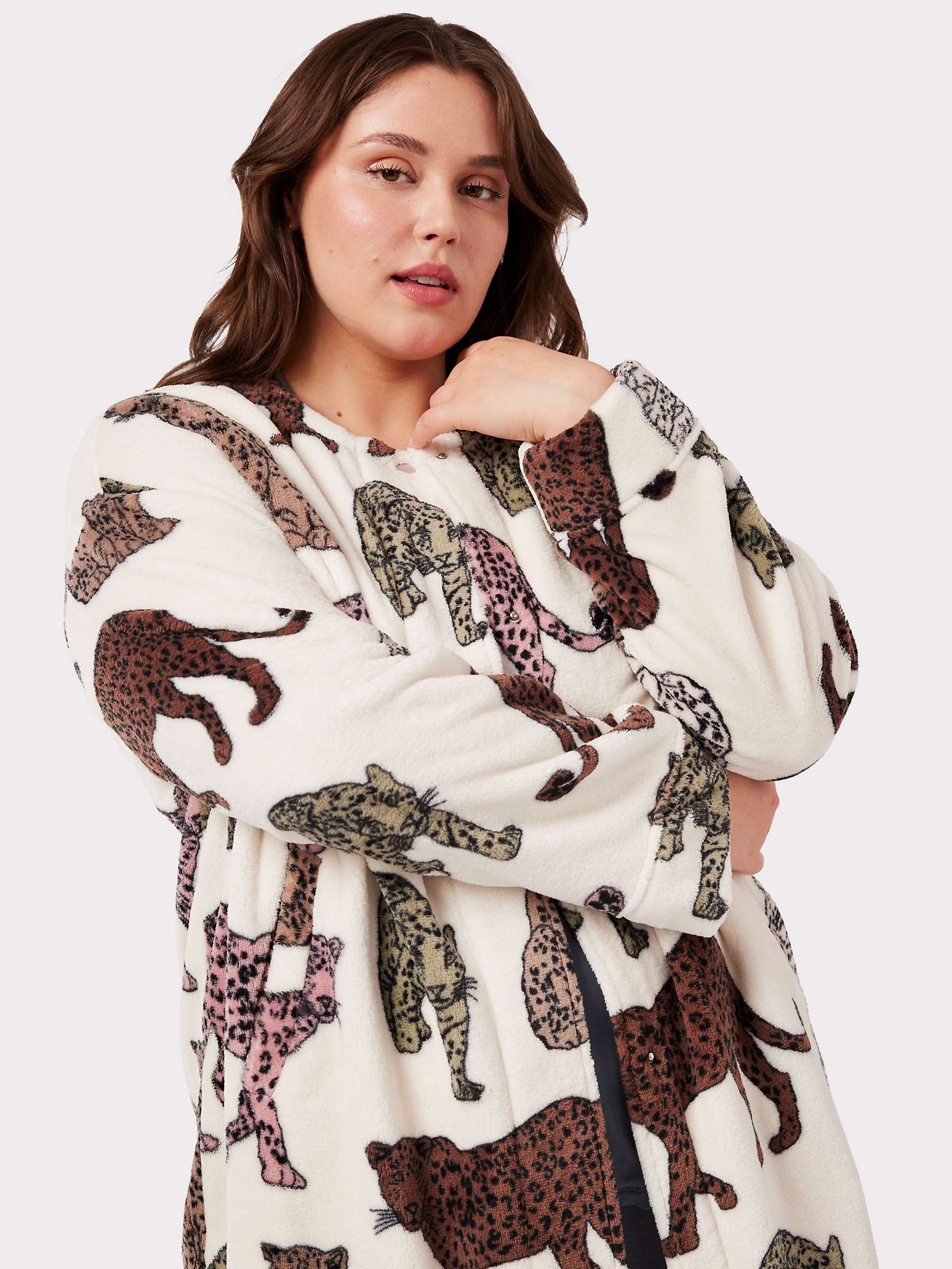 Chelsea Peers Curve Fleece Leopard Print Cardigan, Off White/Multi at ...