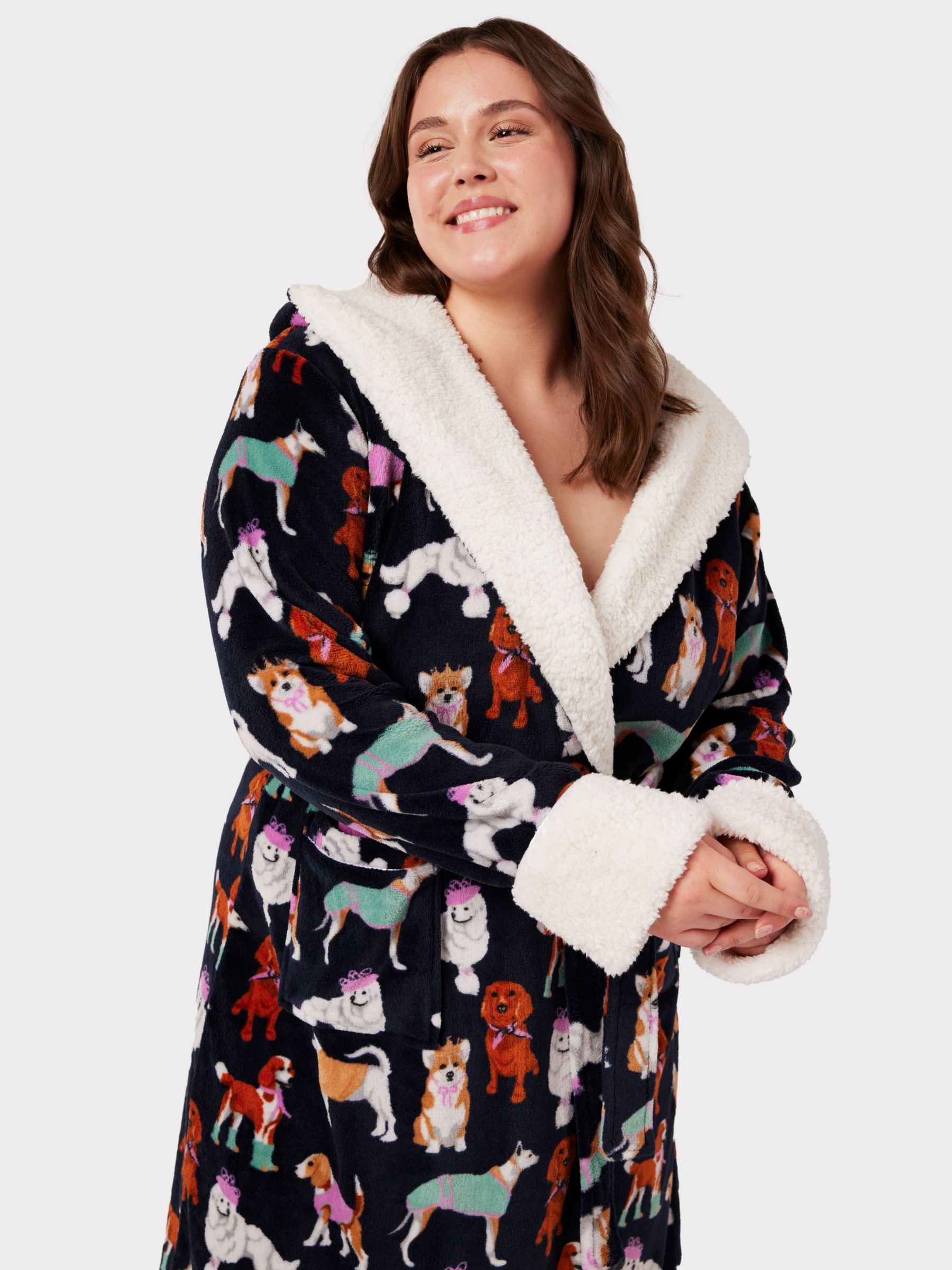 Chelsea Peers Curve Fleece Posh Dogs Print Hooded Gown, Navy/Multi at ...