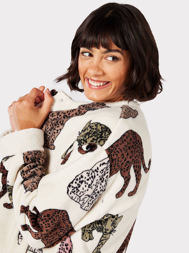 Chelsea Peers Fleece Leopard Print Cardigan, Off White/Multi at John ...