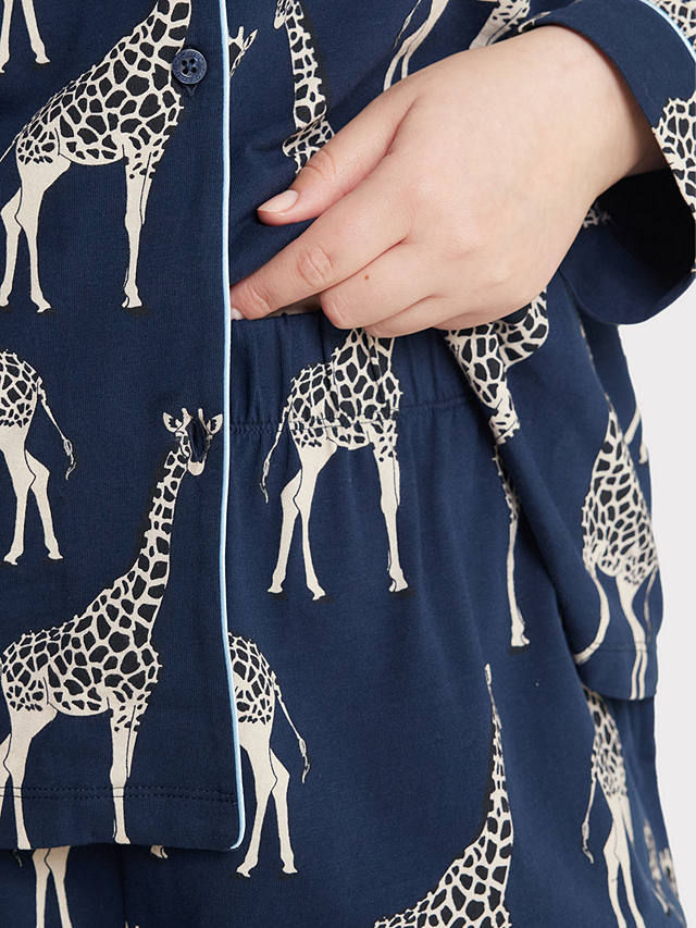 Chelsea Peers Curve Organic Cotton Blend Giraffe Print Pyjama Set, Navy