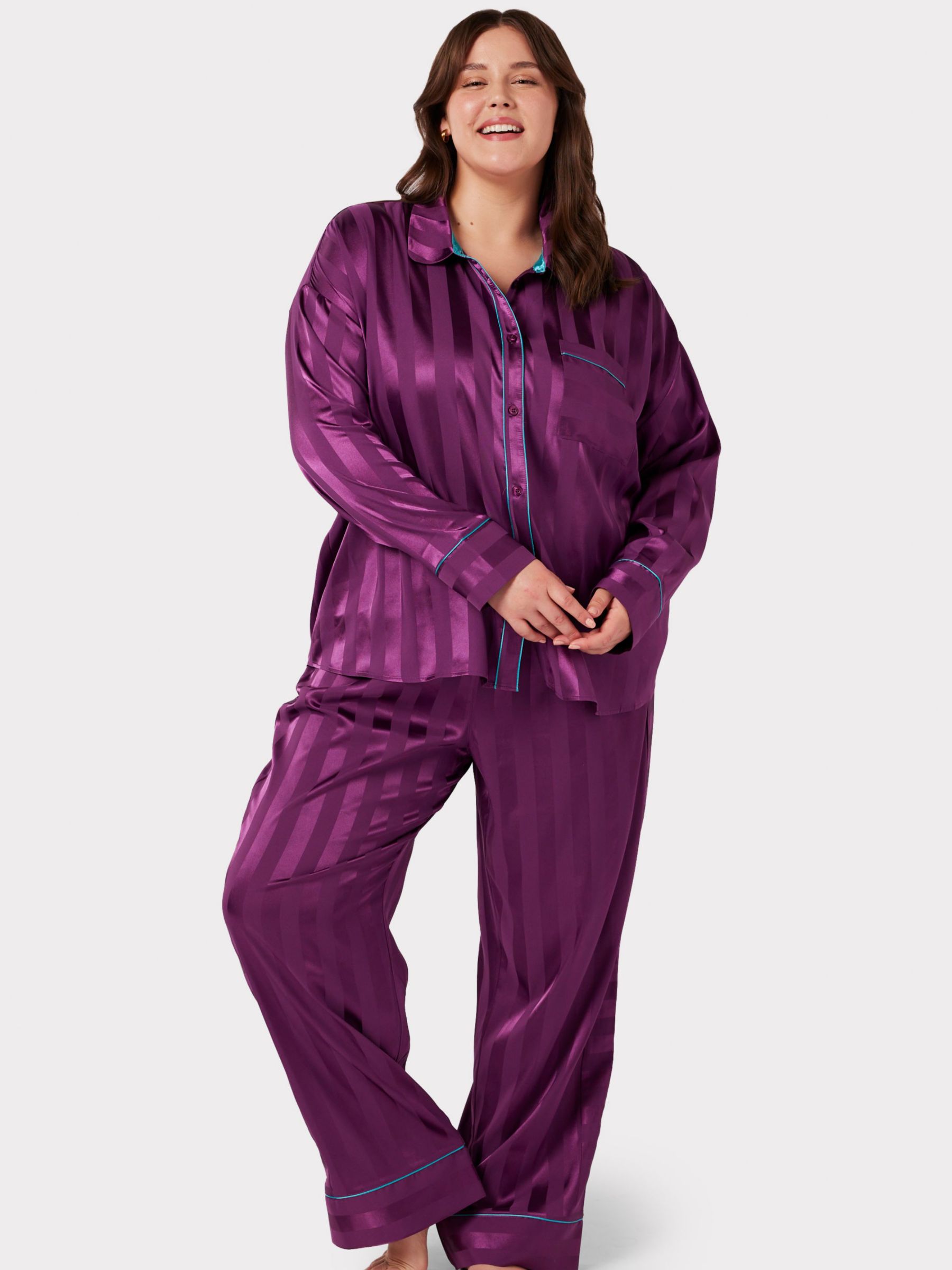 Chelsea Peers Curve Satin Jacquard Stripe Long Pyjama Set, Purple at ...