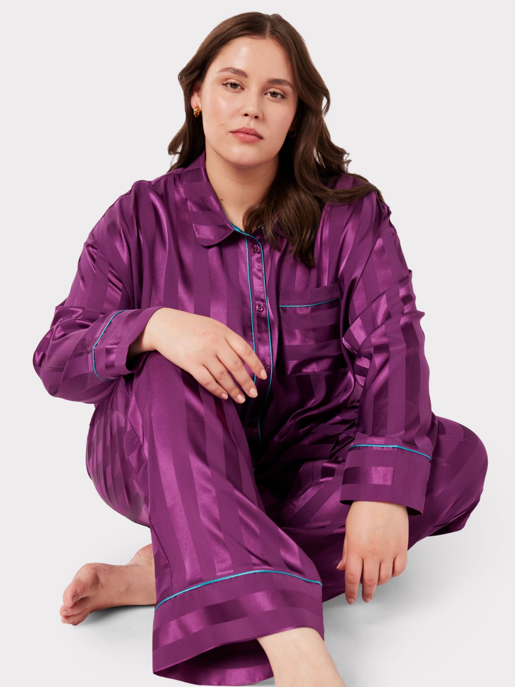 Chelsea Peers Curve Satin Jacquard Stripe Long Pyjama Set, Purple at ...